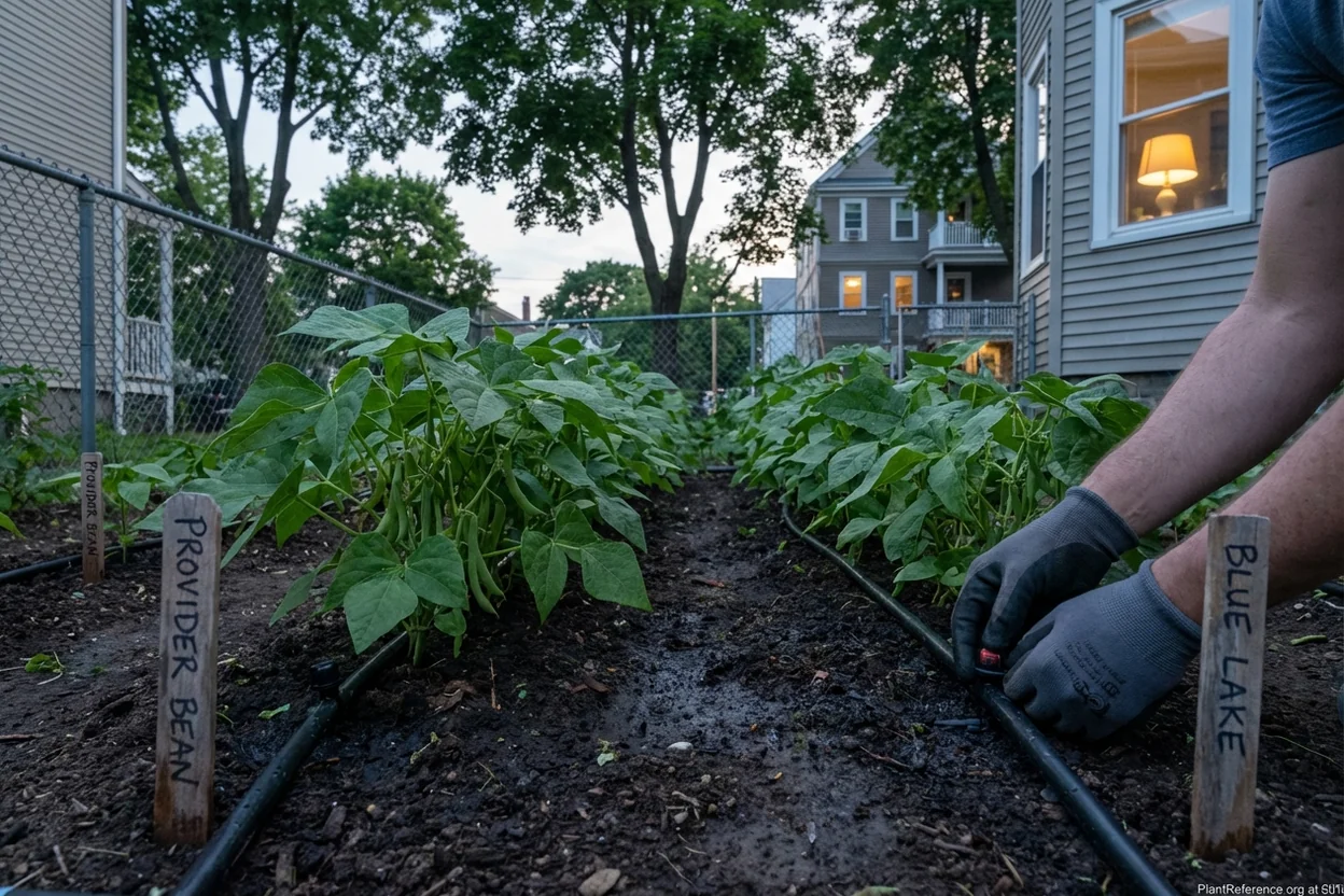 Drip irrigation watering green bean plants in Boston Zone 6b garden