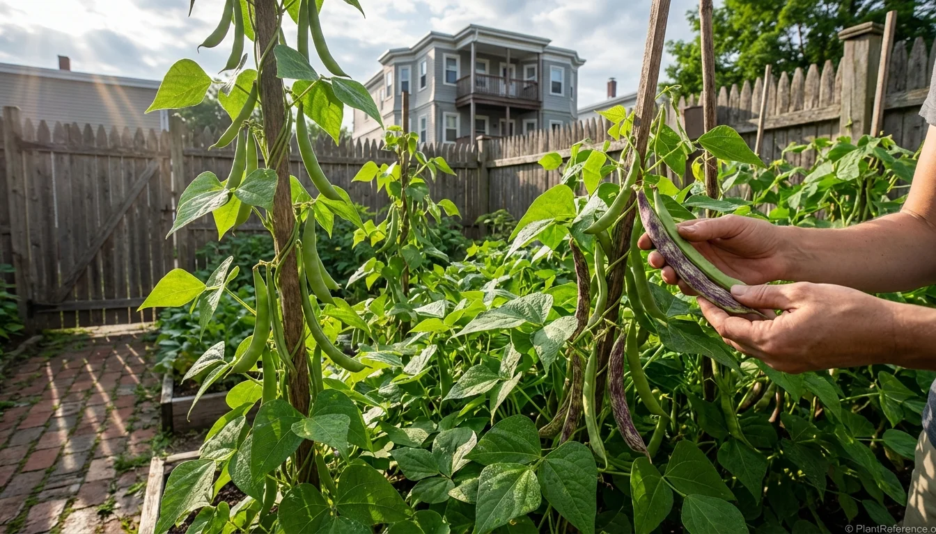 Green bean plants growing in Boston garden with pods ready for harvest in summer