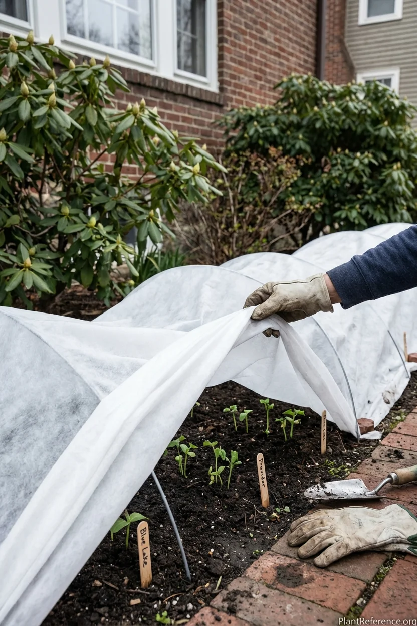 Row covers protecting young green bean seedlings from late spring cold in Boston garden