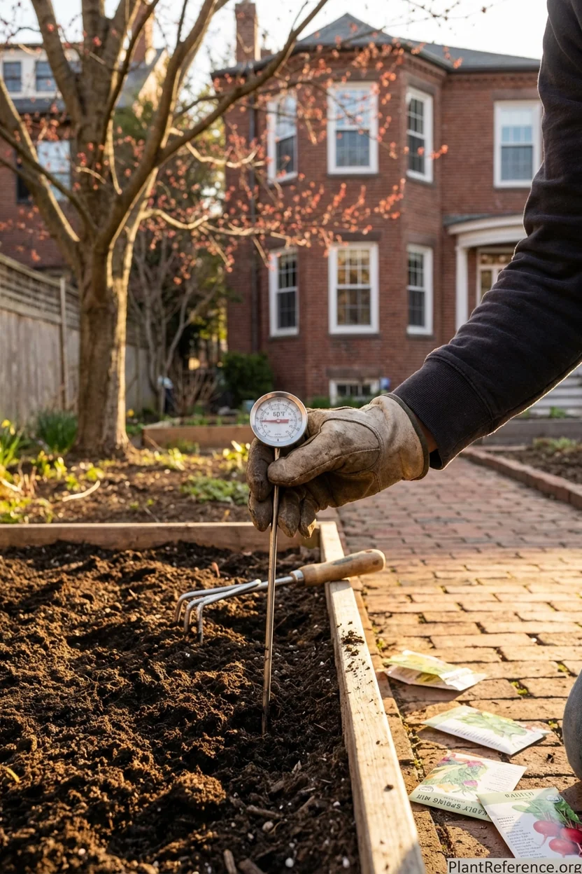 Soil thermometer reading 60°F in Boston garden bed ready for green bean planting