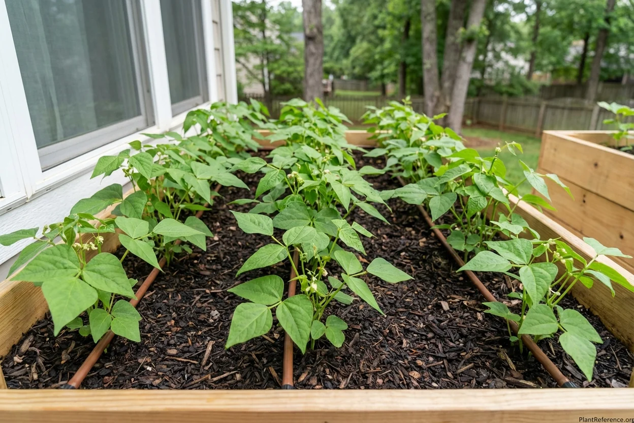 Green bean plants with proper spacing for disease prevention in Charlotte humid conditions