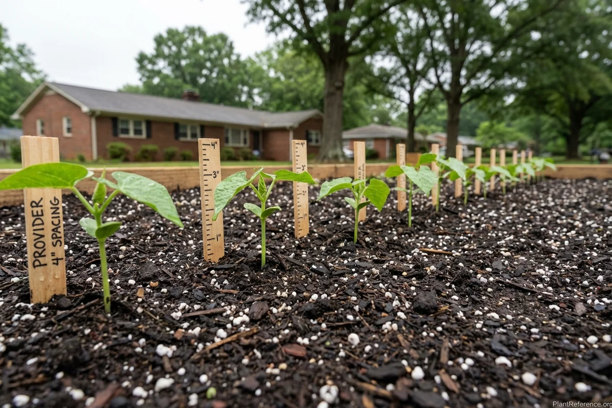 Green bean seedlings with proper 4-inch spacing emerging in Charlotte NC Zone 7b garden