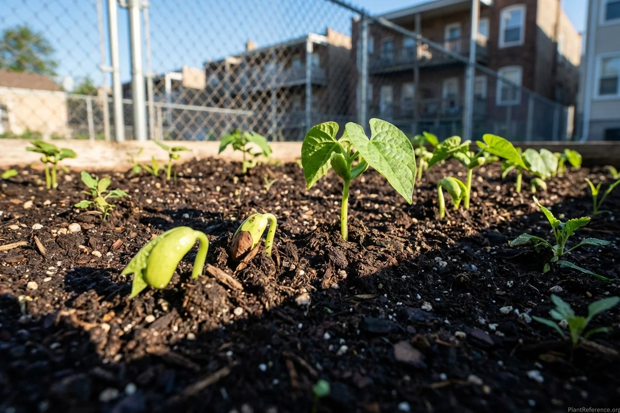Green bean seedlings emerging from soil 7-10 days after planting in Chicago garden