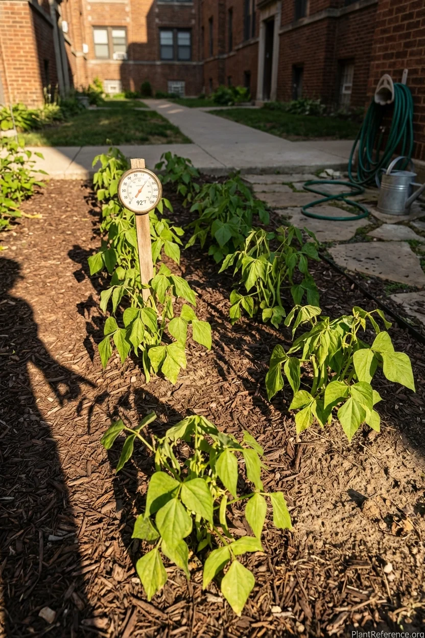 Green bean plants with wilted leaves during Chicago summer heat wave