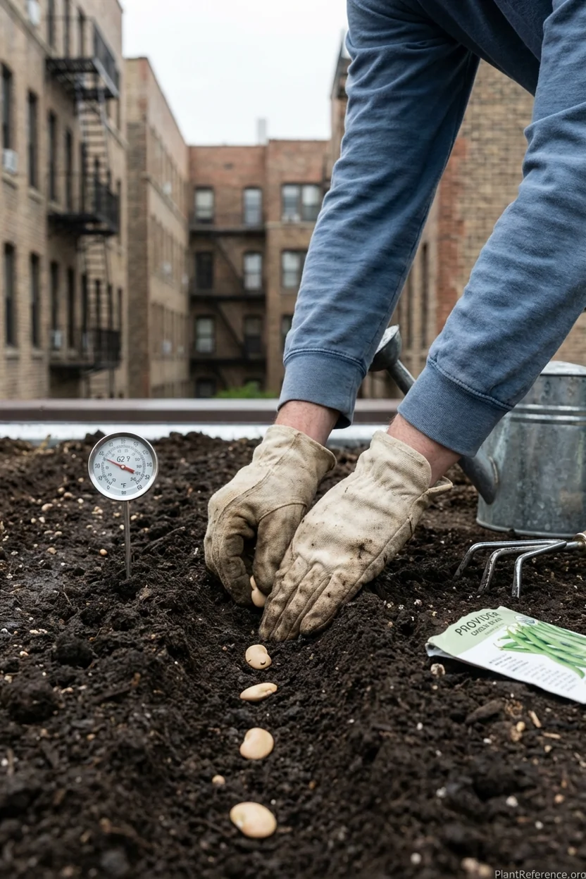 Gardener planting green bean seeds in warm Chicago Zone 6a soil in late May