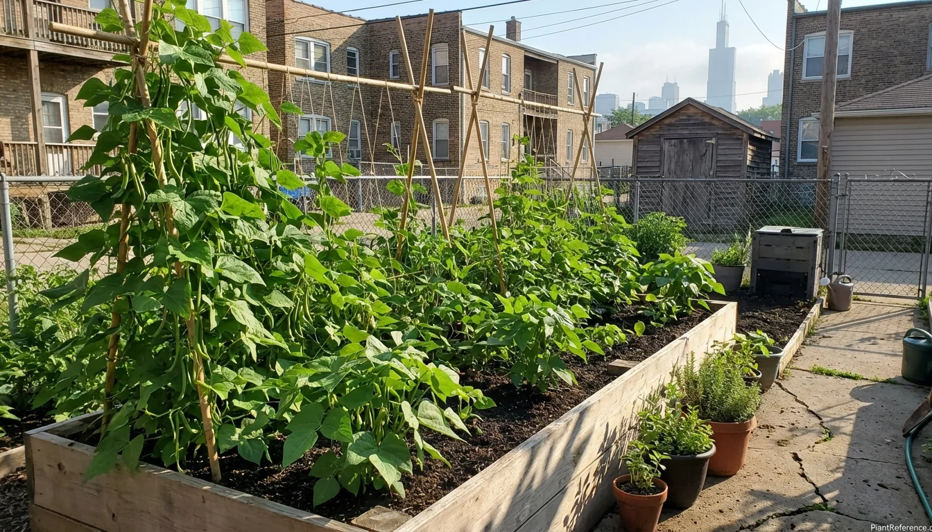 Green bean plants thriving in Chicago Zone 6a garden with city skyline background
