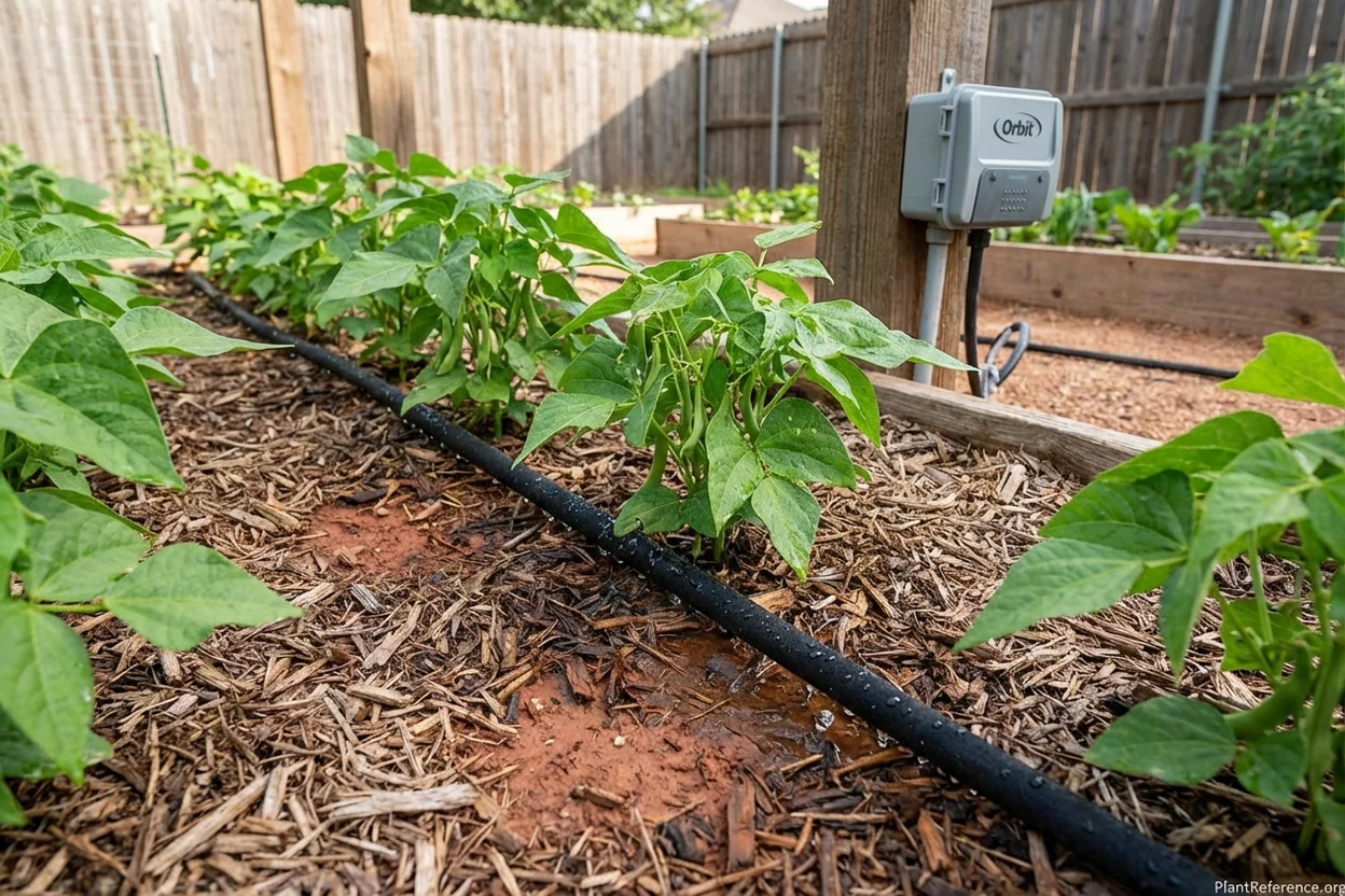 Drip irrigation watering green beans in Dallas garden for consistent moisture management