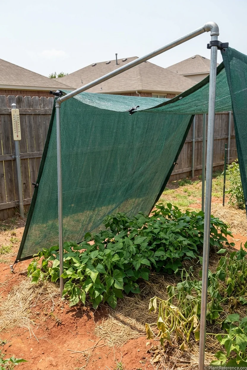 Shade cloth protecting green beans from extreme Dallas summer heat stress