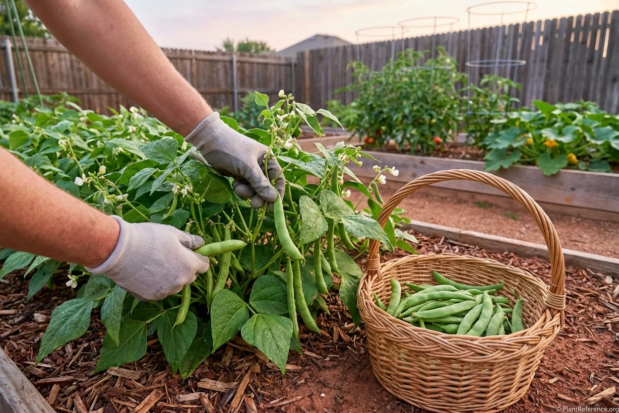 Proper green bean harvesting technique in Dallas showing morning harvest timing