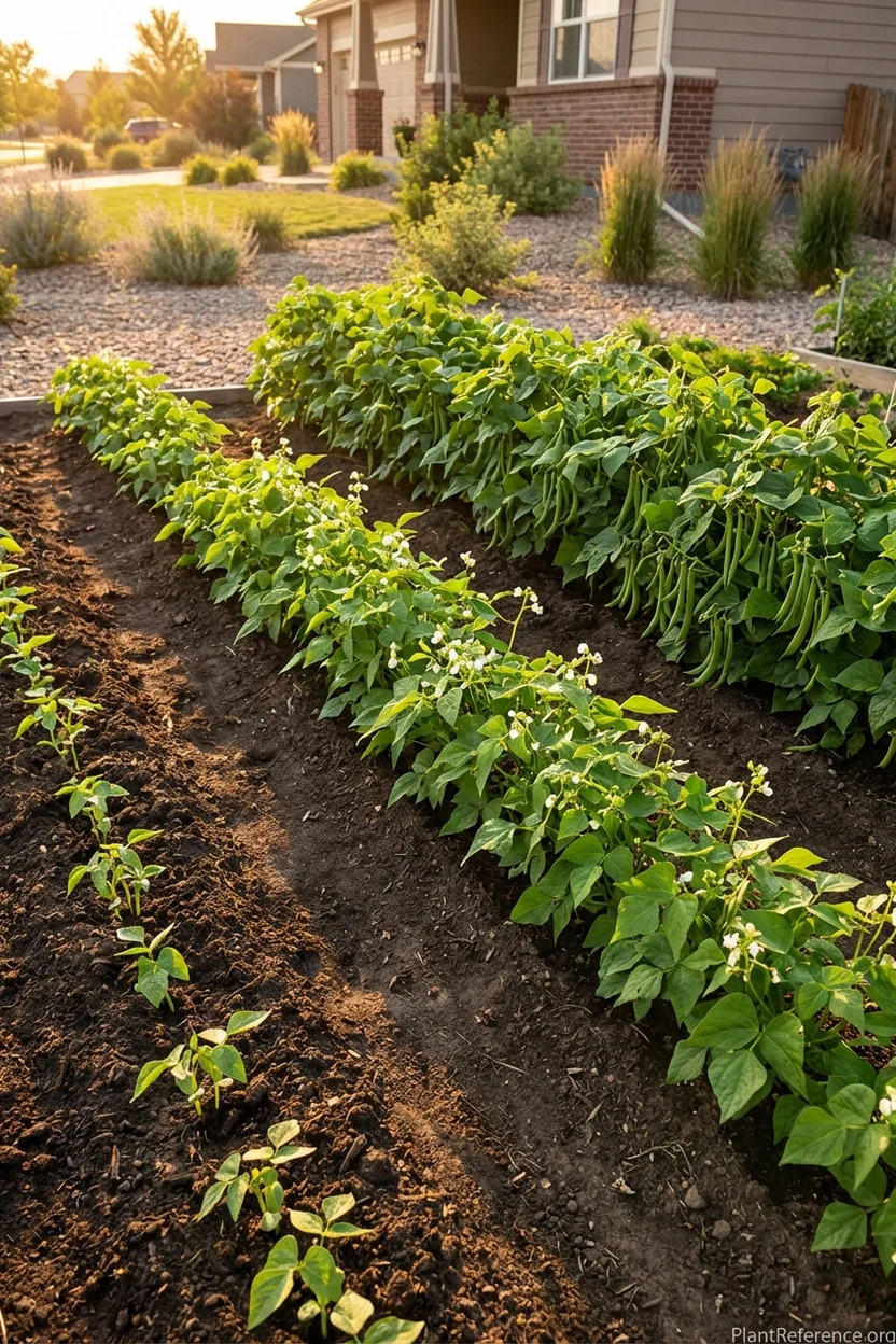 Multiple rows of green beans at different growth stages showing succession planting in Denver