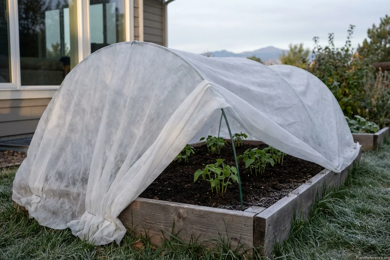 Green bean seedlings covered with frost protection fabric in Denver garden