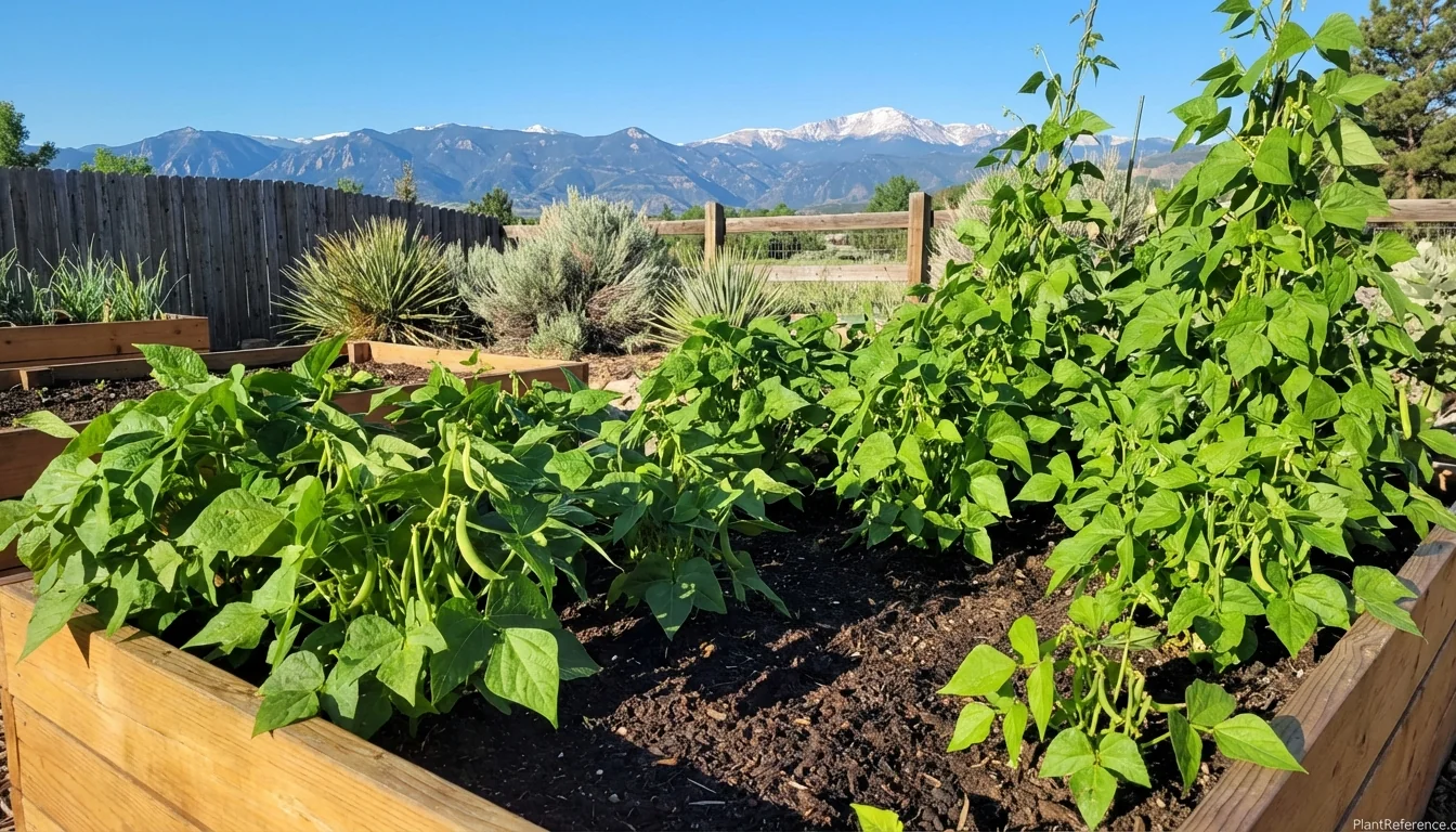 Green bean plants thriving in Denver garden with Colorado Front Range mountains in background