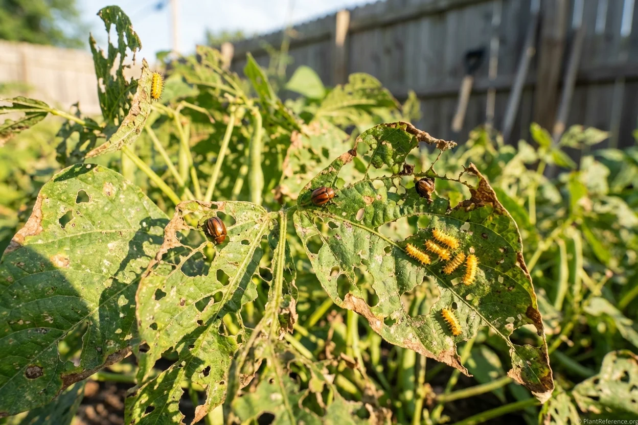 Mexican bean beetle damage on green bean leaves showing typical Indianapolis pest issue