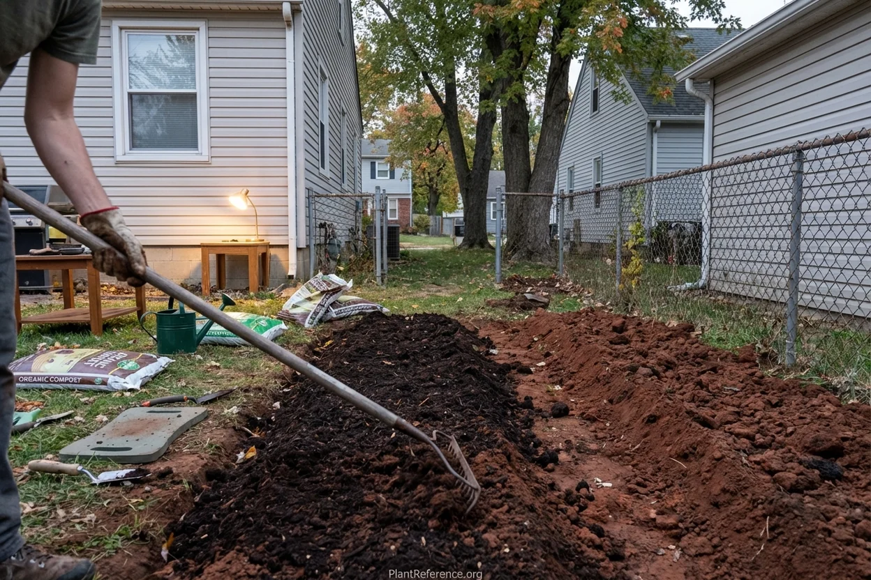Preparing raised bean rows in Indianapolis clay soil with compost amendment
