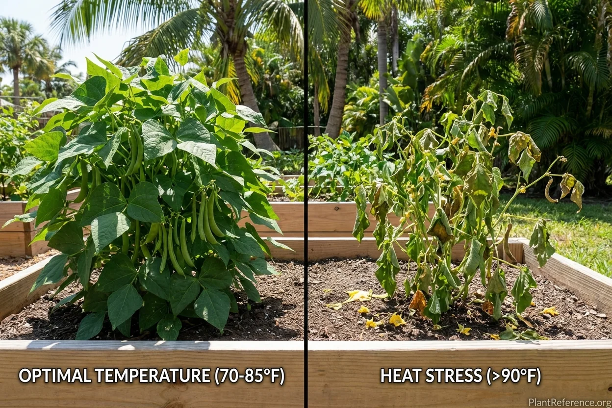 Side by side comparison of healthy green bean plant and heat-stressed plant in Miami garden