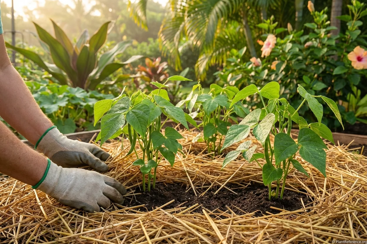 Green bean plants in Miami with organic mulch properly spaced away from stems to prevent rot