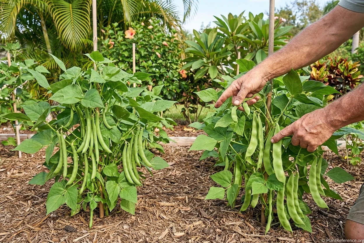 Provider and Roma II green bean varieties growing in Miami backyard showing different pod types