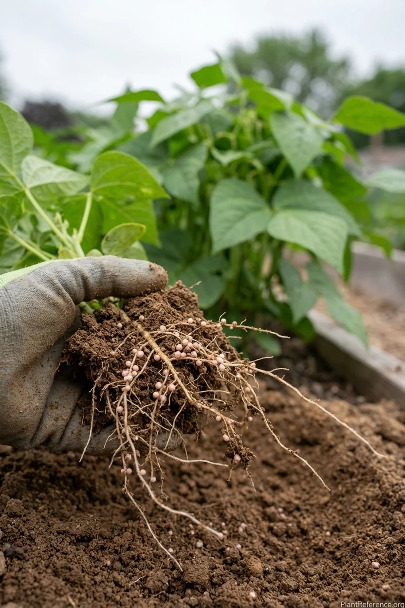 Green bean root system with nitrogen-fixing nodules in Milwaukee Zone 5b soil