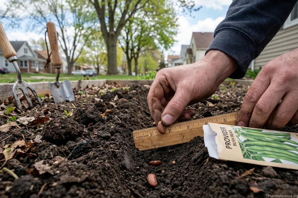 Hands planting green bean seeds at proper depth in Milwaukee Zone 5b garden