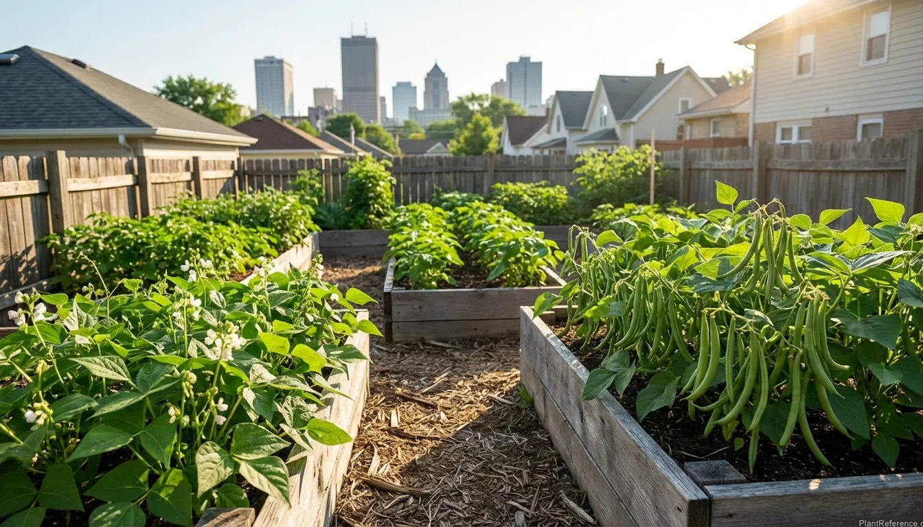 Green bean plants growing in Milwaukee Zone 5b garden with succession planting rows