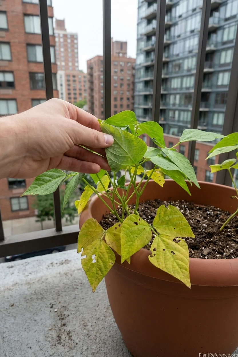 Green bean leaves showing common problems in New York urban gardens with city backdrop