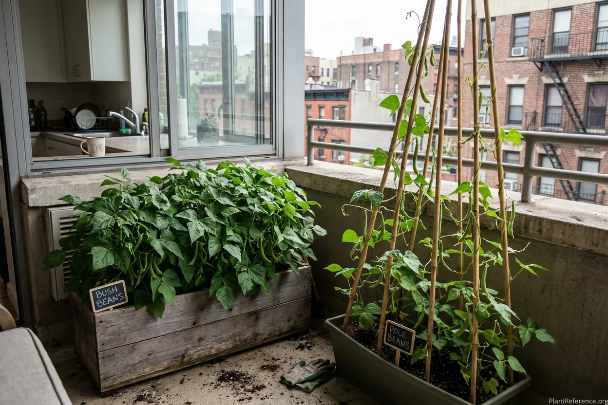 Bush and pole green bean varieties growing in New York City container garden