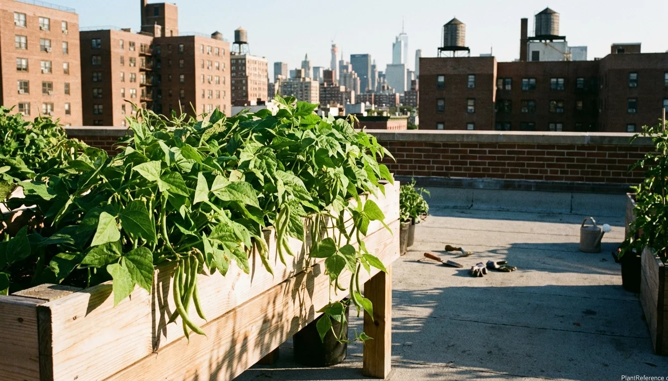 Green bean plants growing in New York City urban garden with apartment buildings in background