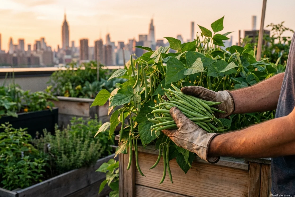 Hands harvesting fresh green bean pods from plants in New York container garden