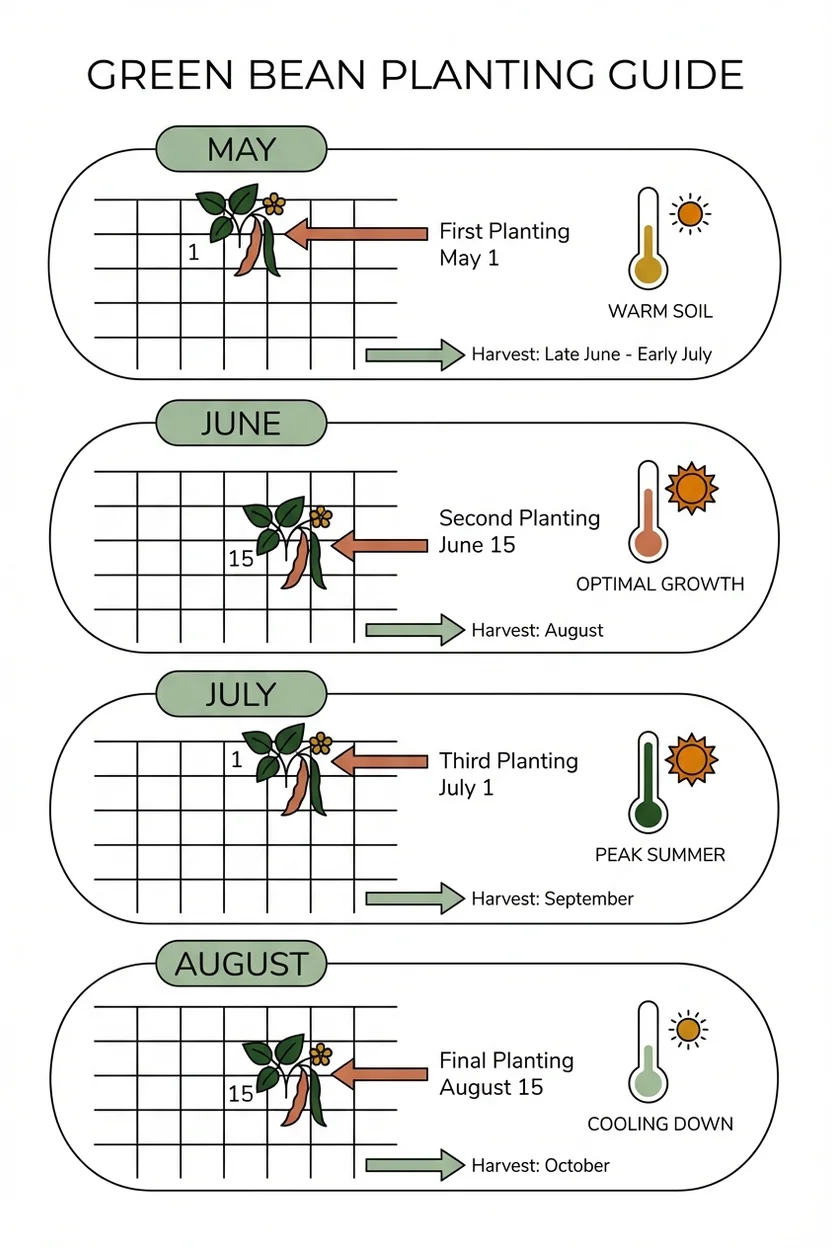Planting calendar for green beans in New York showing succession planting dates from May through August