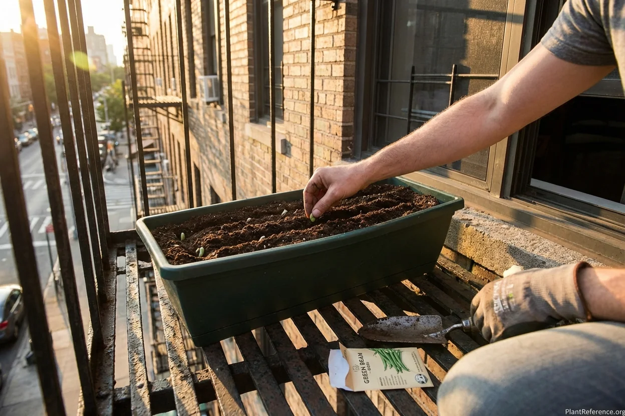 Hands planting green bean seeds in containers on New York fire escape urban garden