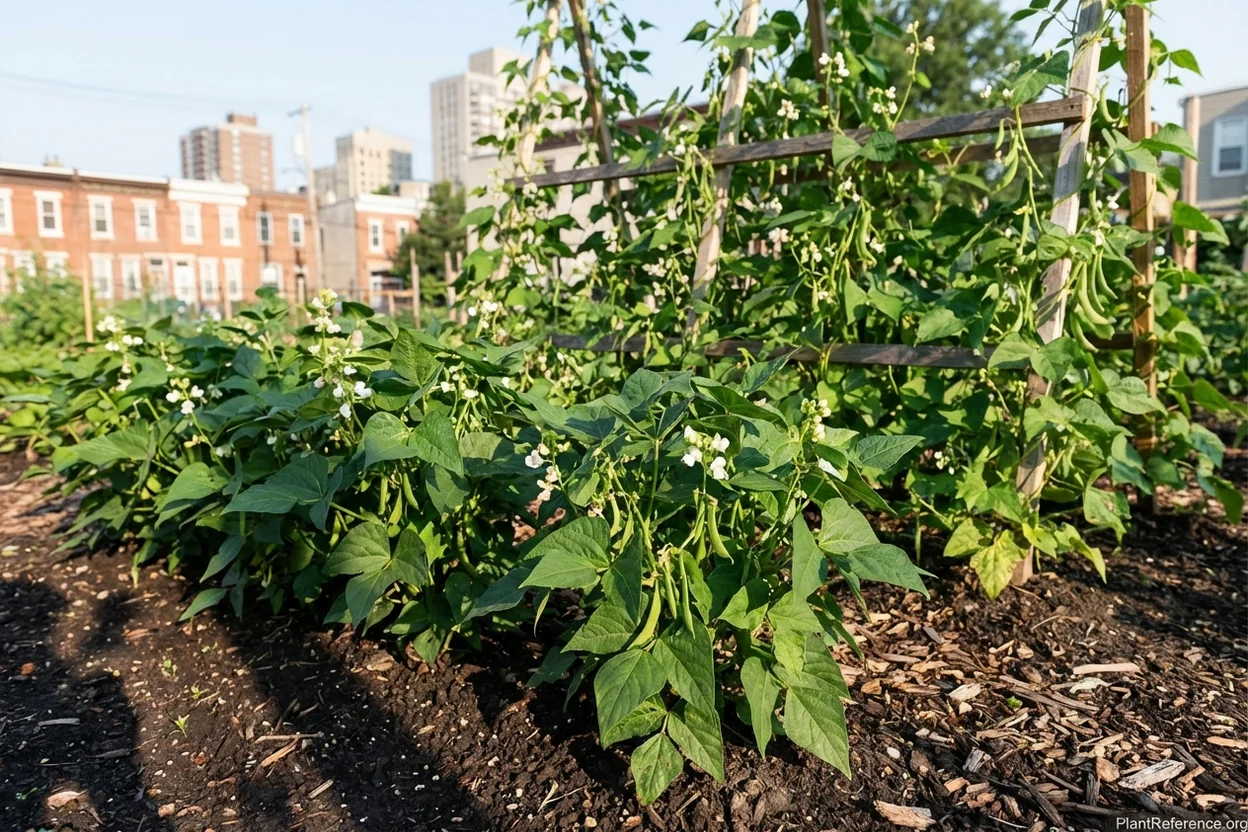 Healthy green bean plants growing successfully in Philadelphia urban garden showing proper spacing and support