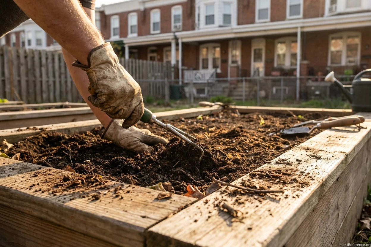 Gardener adding compost to Philadelphia garden soil in preparation for green bean planting in Zone 7a