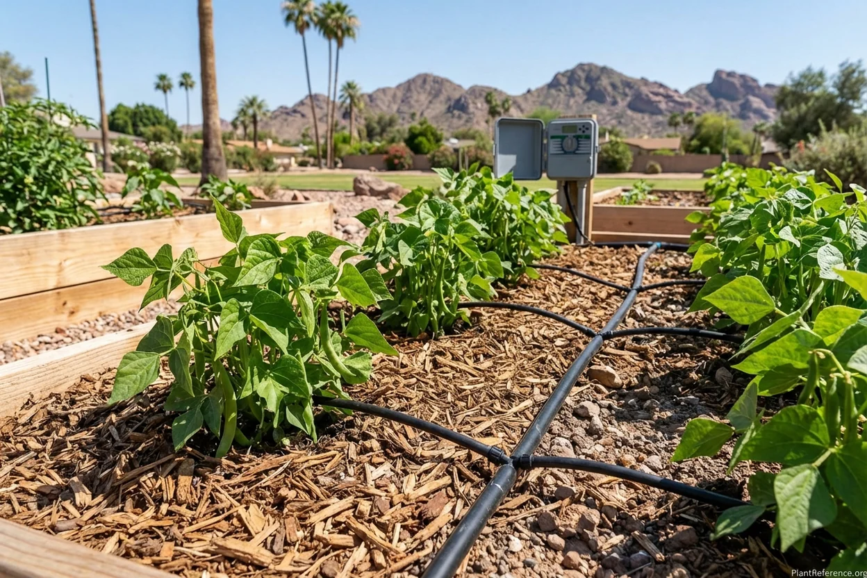 Drip irrigation lines running through Phoenix green bean rows in desert garden setting