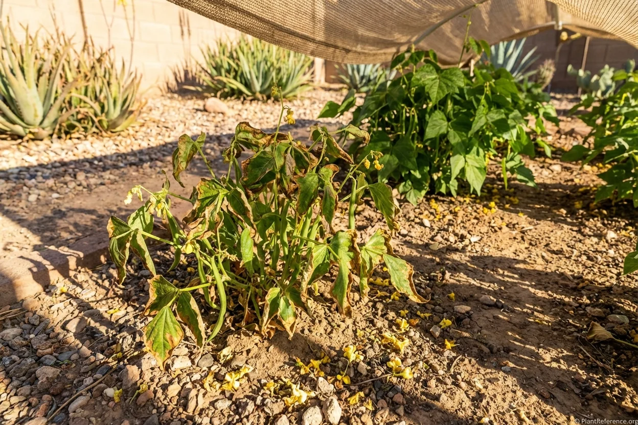 Heat-stressed green bean plant in Phoenix showing brown leaf edges and flower drop