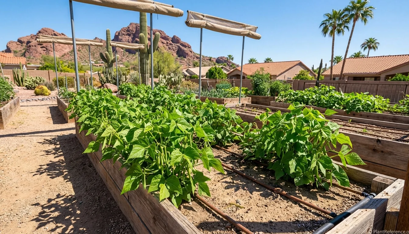 Green bean plants thriving in Phoenix backyard garden in spring before summer heat arrives