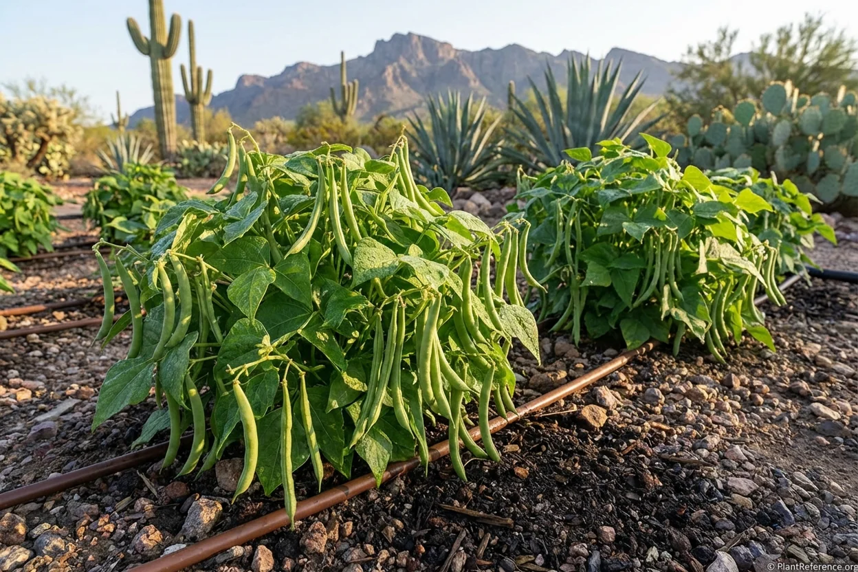 Provider green bean pods growing on compact bush plants in Phoenix desert garden