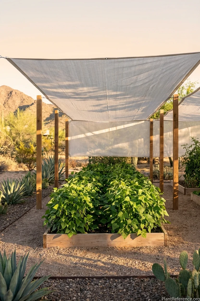 Shade cloth protecting green bean plants from intense Phoenix summer sun