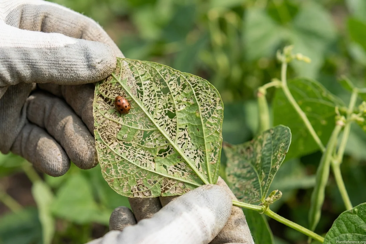 Mexican bean beetle damage on green bean leaves showing skeletonized foliage typical in Pittsburgh gardens