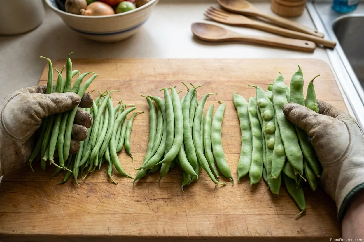 Comparison of green bean varieties grown in Pittsburgh showing Provider, Blue Lake and Roma II pod differences