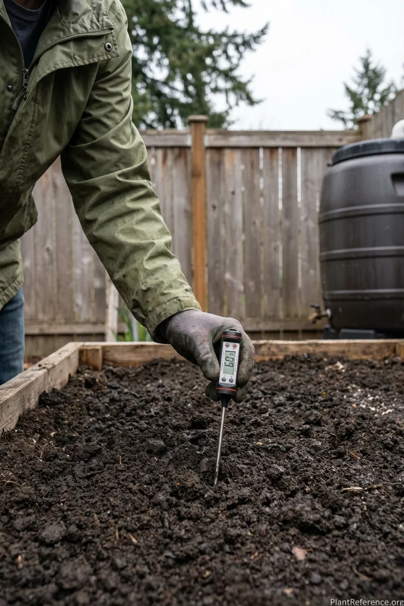 Checking soil temperature for bean planting in Portland Oregon garden