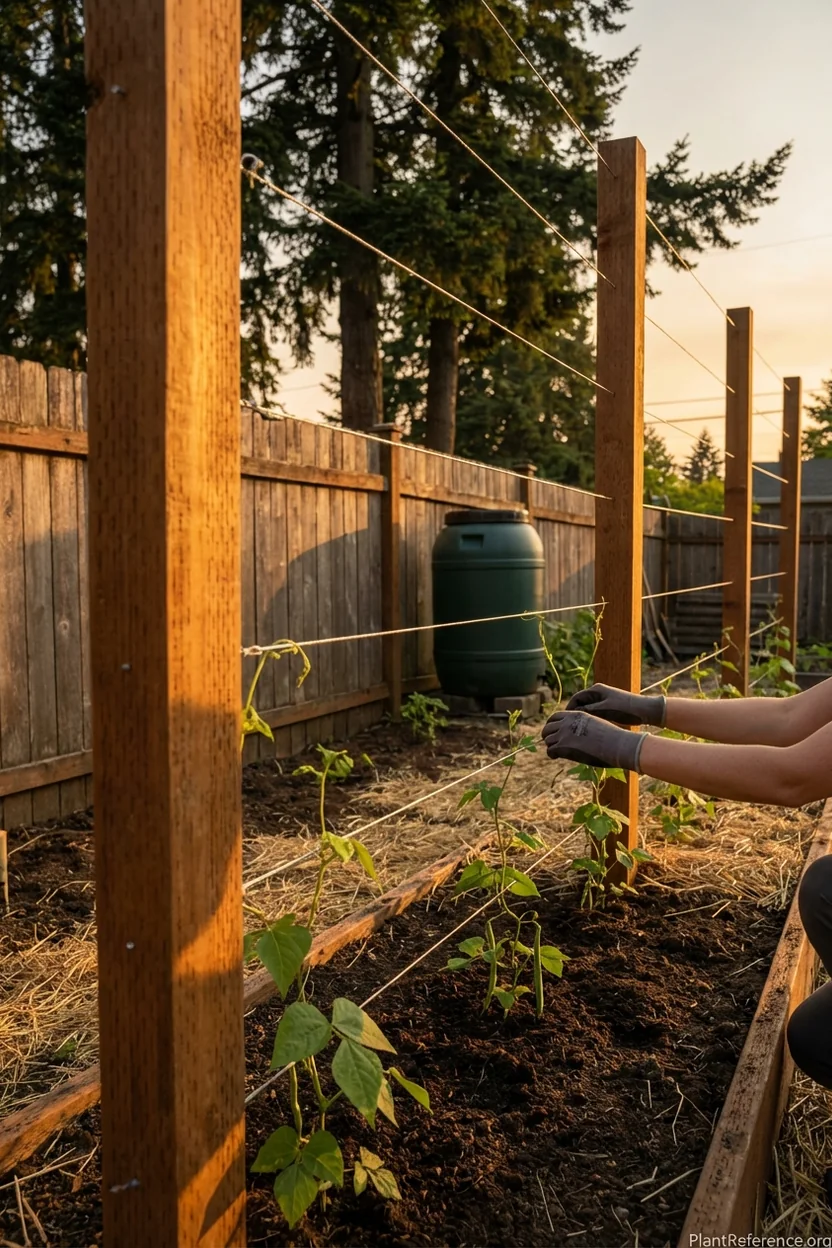 Sturdy pole bean trellis system built for Portland Oregon weather conditions