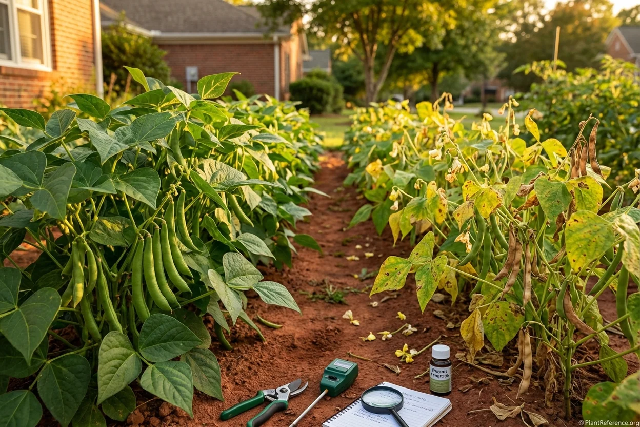 Green bean plant problems in Raleigh North Carolina showing heat stress blossom drop and disease issues