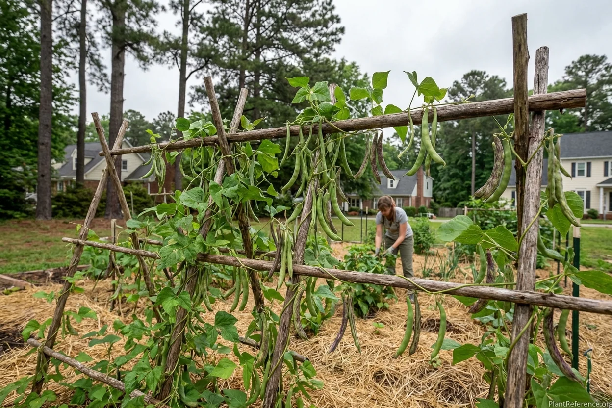 Kentucky Wonder pole beans growing on trellis in Raleigh Zone 7b garden maximizing vertical space