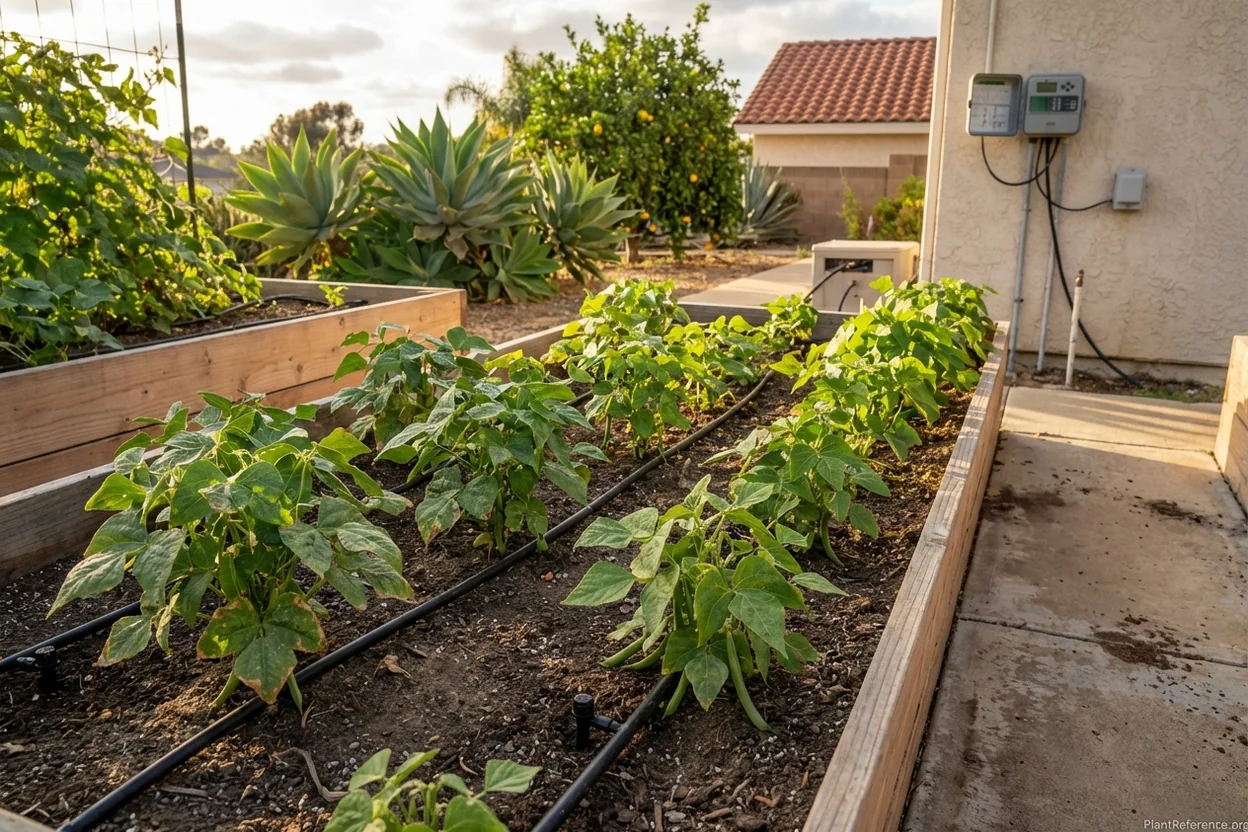 Drip irrigation lines running through green bean rows in San Diego garden