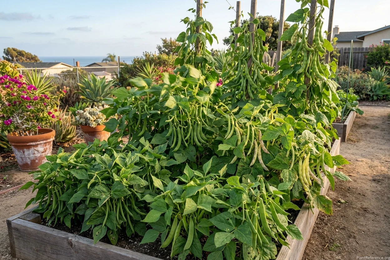 Six green bean varieties comparison showing bush and pole types in San Diego garden