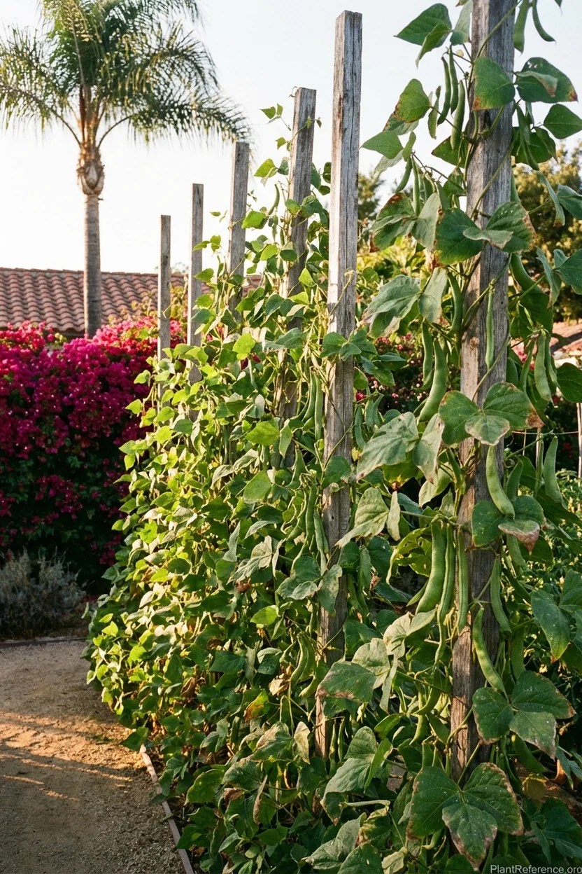 Kentucky Wonder pole bean vines heavily loaded with pods on wooden stakes