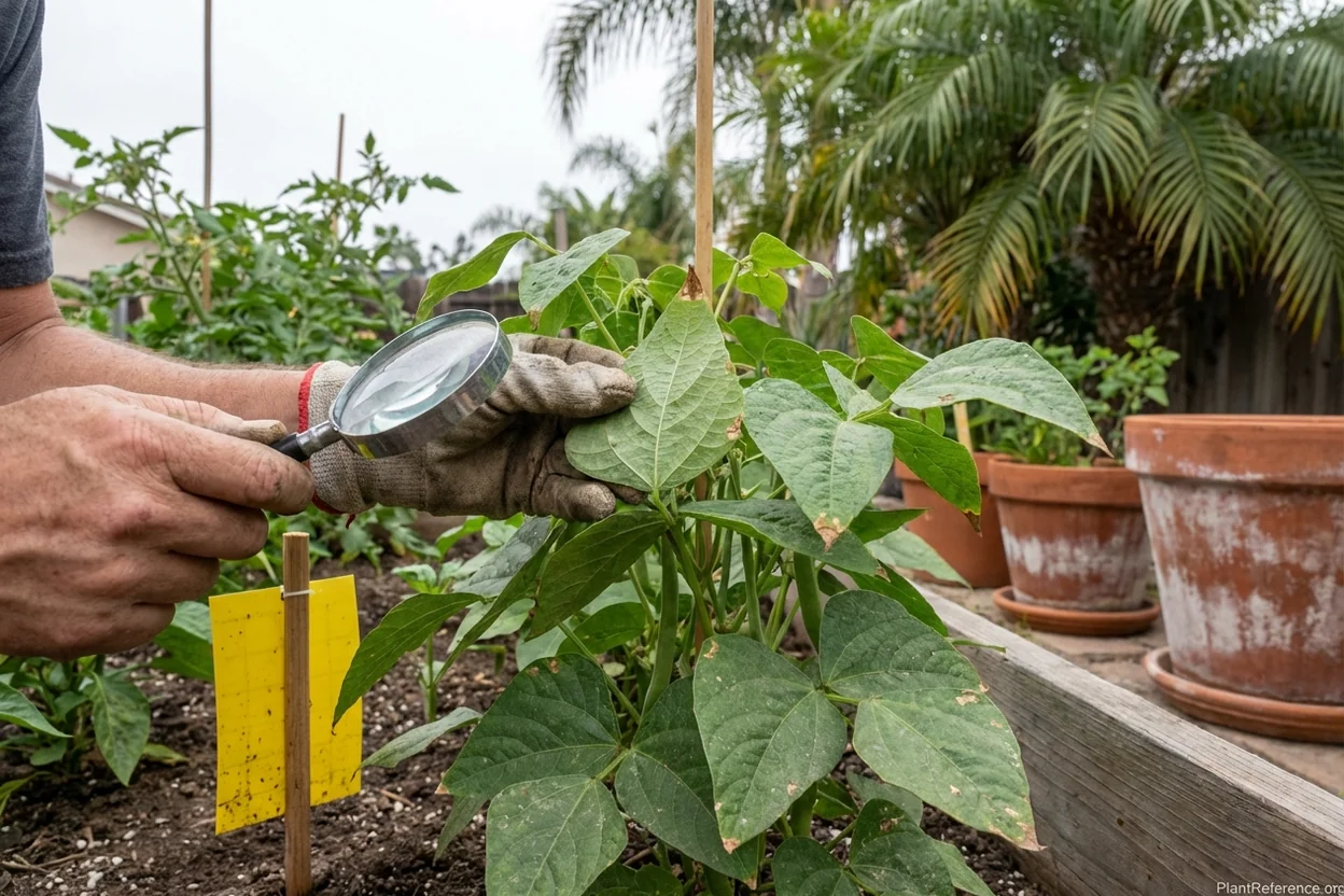 Gardener inspecting green bean leaves for pests in San Diego garden