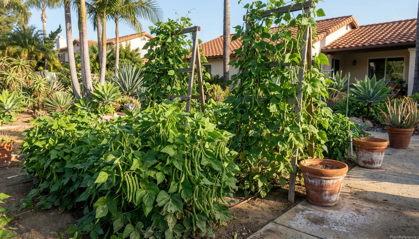 Green bean plants loaded with pods in San Diego garden showing year-round growing potential