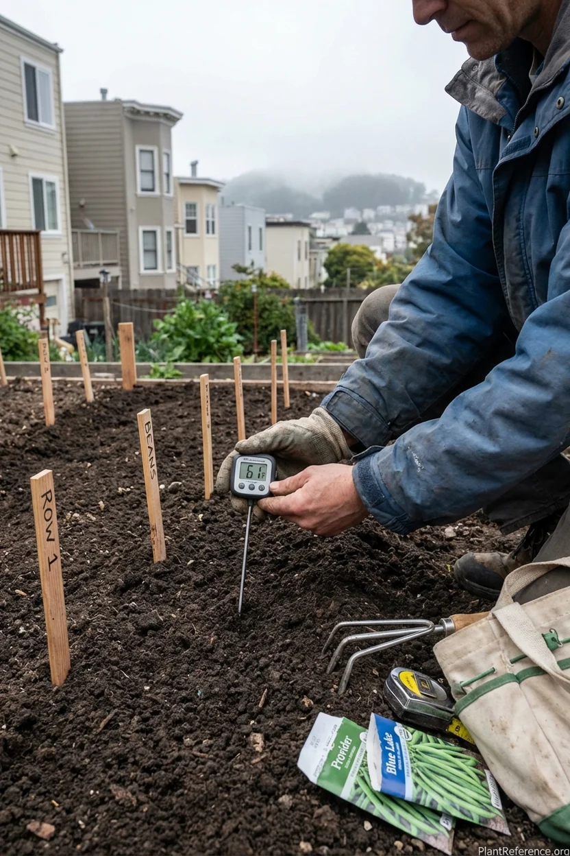 Testing soil temperature for green bean planting in San Francisco Zone 10a garden