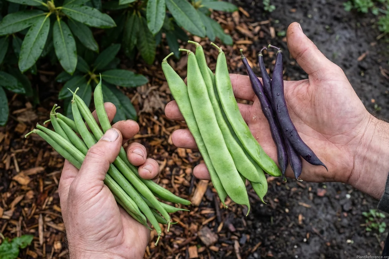 Different green bean pod shapes and sizes including Blue Lake, Roma II, and Purple Queen varieties